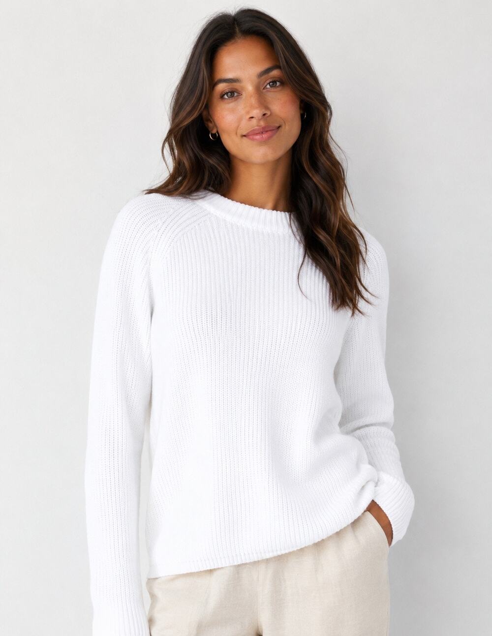 Pura Cashmere Summer White Supima Cotton Fisherman Crew Neck Sweater Size Small